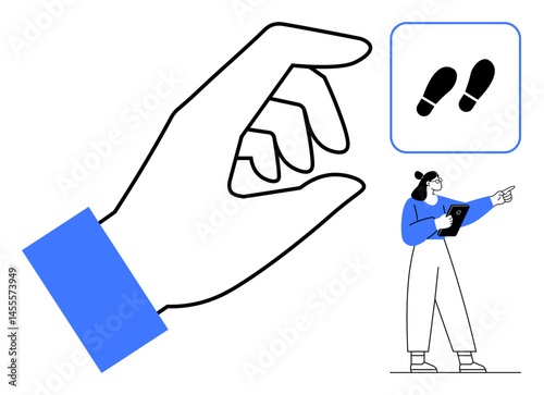 Large hand gesture beside a footstep icon and a woman holding a tablet, pointing outward. Ideal for guidance, navigation, direction, leadership, exploration, teamwork, simple landing page