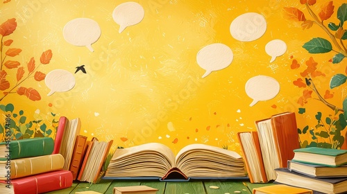 A storytelling-themed school banner with illustrated books, talking bubbles, and a fantasy-like yellow backdrop.