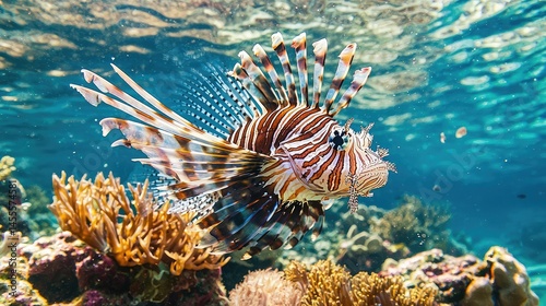 A striking lionfish drifting in the current above a coral patch, its venomous spines fanned out to ward off predators.
