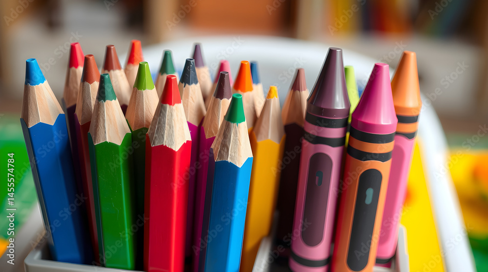 Colored pencils and crayons standing in a container, ready for creative projects Colored pencils and crayons standing in a container, ready for creative projects