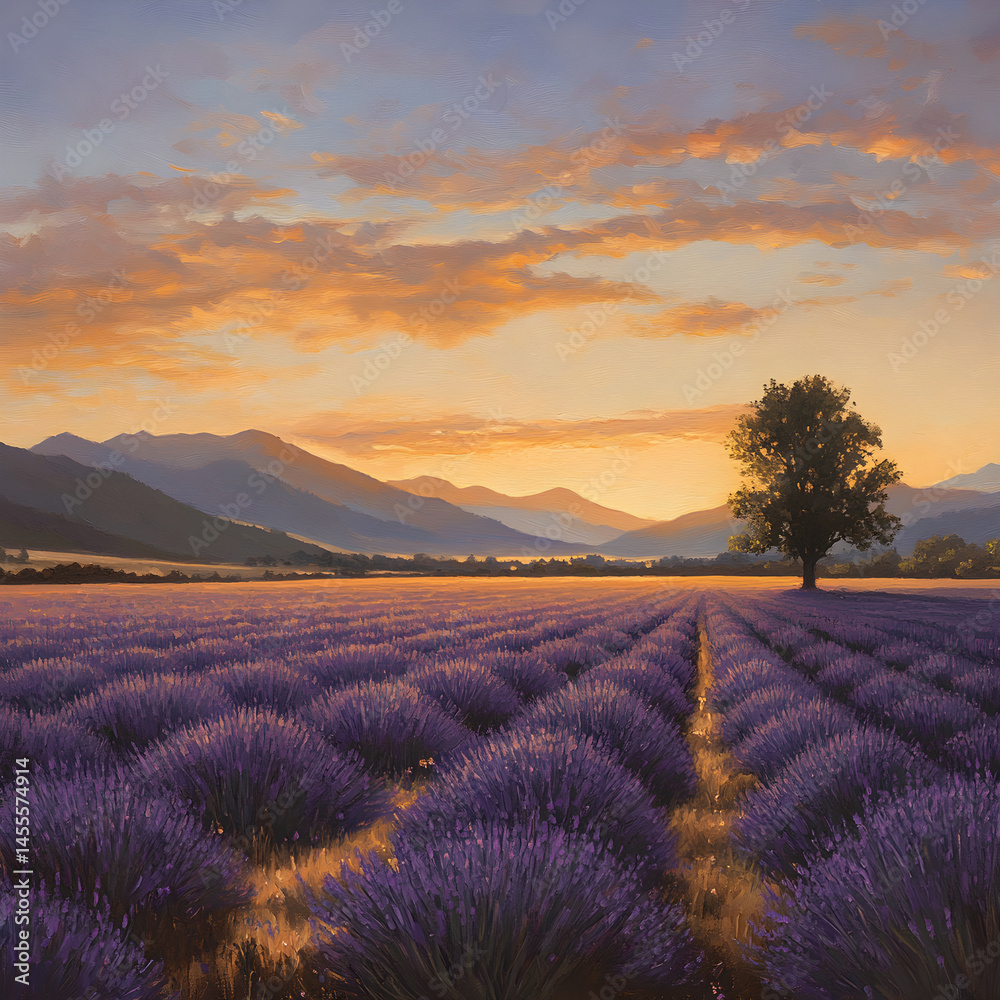 Fototapeta premium Tranquil Sunset Over Lavender Fields: A Serene Oil Painting Landscape
