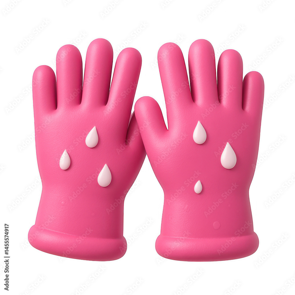 A pair of vibrant pink rubber gloves adorned with stylized white droplets, presented in a whimsical 3D style. A pair of vibrant pink rubber gloves adorned with stylized white droplets, presented in a whimsical 3D style.