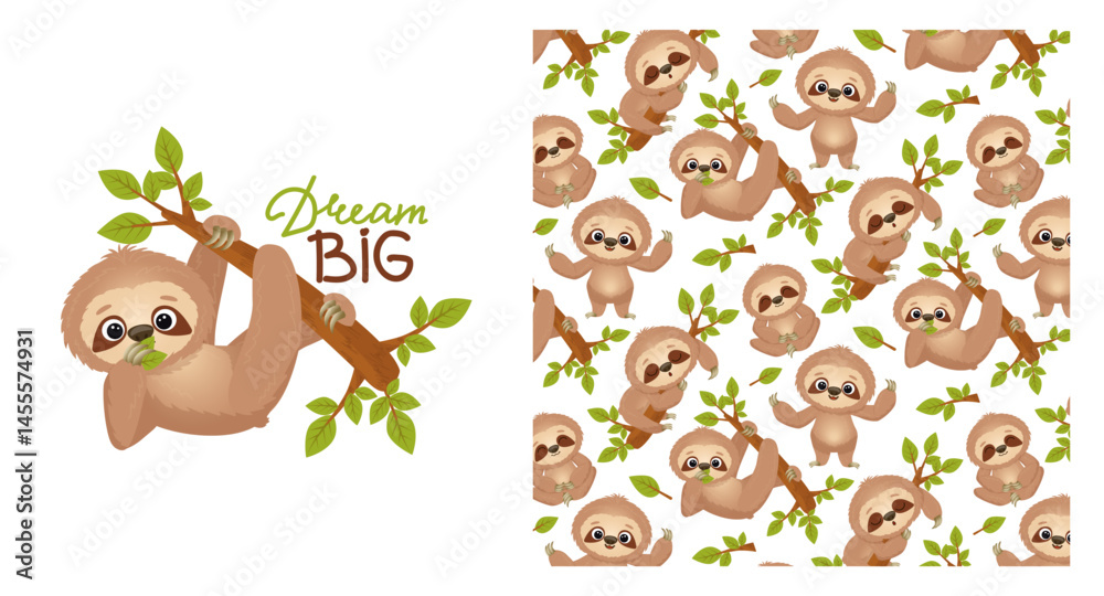 Fototapeta premium Vector illustration with cute sloth climbing on a branch. Postcard with cartoon character and quote. Baby seamless print with sloth. Isolated on white. Hand drawn