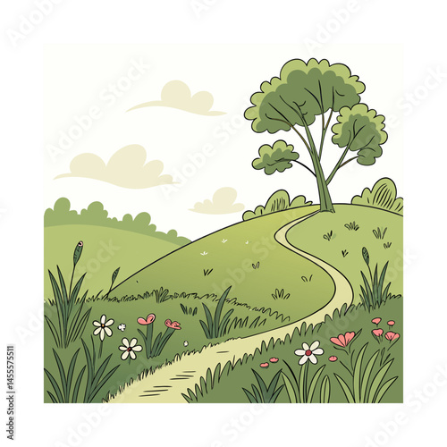 Peaceful Countryside Hillside Illustration
