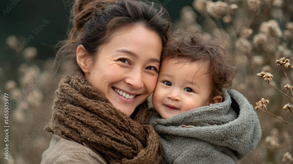 Obraz premium Happy mother and baby smiling outdoors in winter