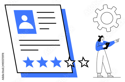 User profile card with star rating and large gear icon. Person holding tablet pointing to the side. Ideal for recruitment, HR, job search, assessments, reviews, teamwork, simple landing page