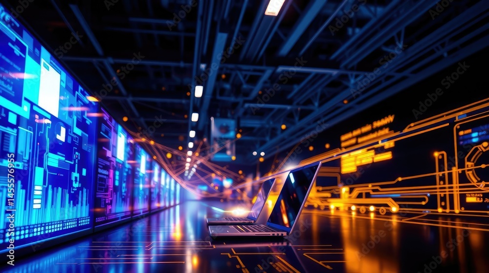 Neon-lit Data Center: Laptops and Futuristic Displays Neon-lit Data Center: Laptops and Futuristic Displays