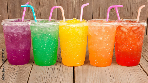 Colorful iced drinks in plastic cups on wooden background, perfect for summer refreshment menu