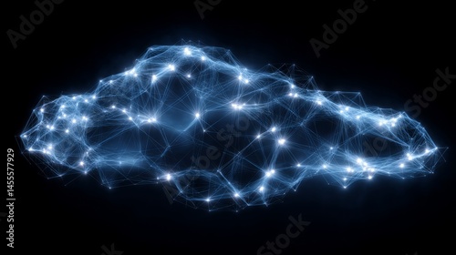Abstract blue cloud with glowing links, floating in darkness, symbolizing futuristic connectivity and innovation.
