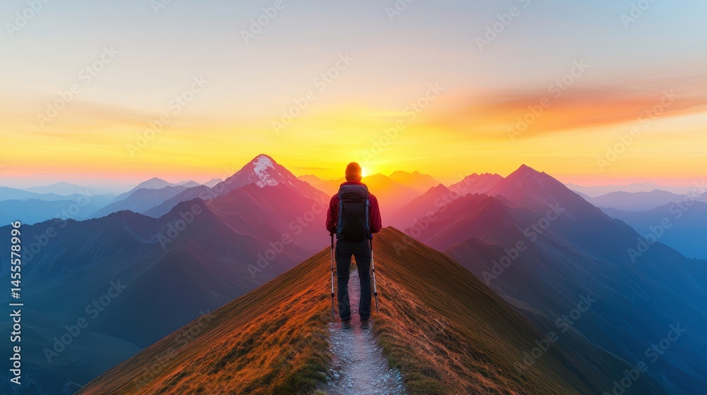 Fototapeta premium Adventurer Overlooking Mountain Range at Sunrise in Majestic Landscape