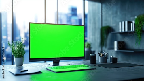 A tech professionalâ€™s desk with a laptop, an ultra-wide monitor, and a green screen chroma key display.