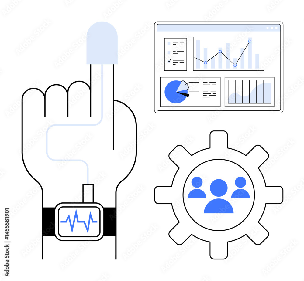 Finger with attached health tracker, smartwatch displaying pulse, gear with team icon, and analytics dashboard. Ideal for health tech, wearable tech, data monitoring, teamwork, innovation smart Finger with attached health tracker, smartwatch displaying pulse, gear with team icon, and analytics dashboard. Ideal for health tech, wearable tech, data monitoring, teamwork, innovation smart