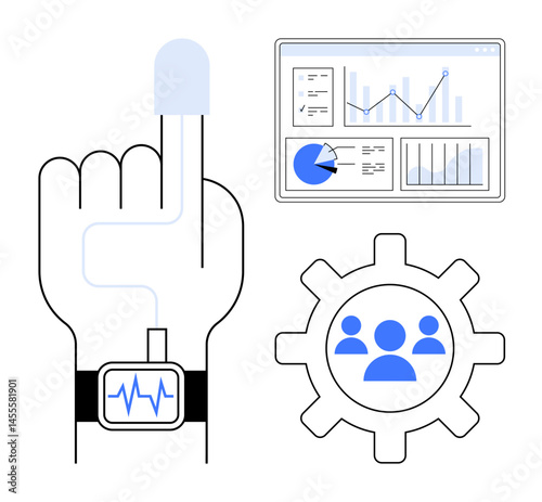 Finger with attached health tracker, smartwatch displaying pulse, gear with team icon, and analytics dashboard. Ideal for health tech, wearable tech, data monitoring, teamwork, innovation smart
