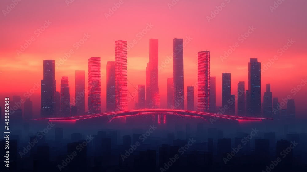 Fototapeta premium Sunset Over Urban Skyline with Vibrant Colors and Silhouetted Towers