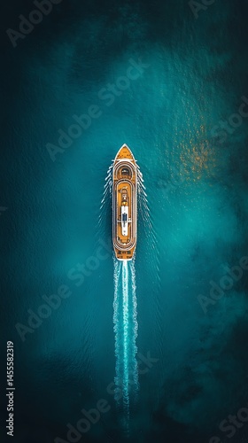 A cruise ship sailing on the deep teal ocean, seen from above.  A smooth,  golden-yellow hull cuts a white wake through the water