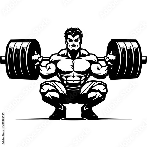 Sketchy engraving emblem of monstrous bodybuilder with huge muscles squats with giant barbell on shoulders in monochrome. Engraving minimalistic vector in black ink drawing on transparent background