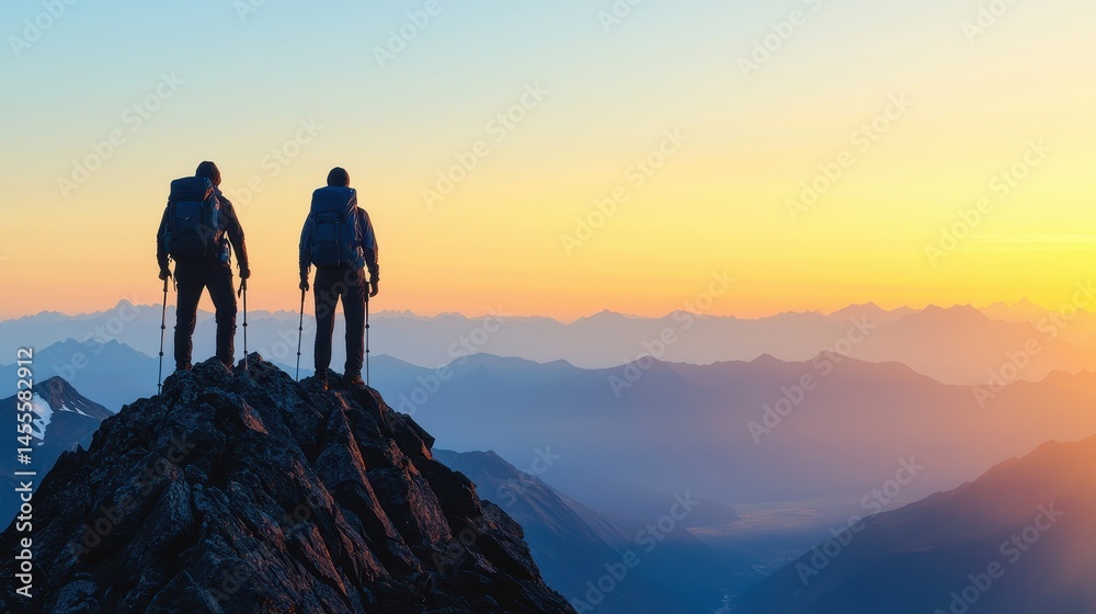 Fototapeta premium Adventurers Overlooking Scenic Mountain Landscape at Sunrise