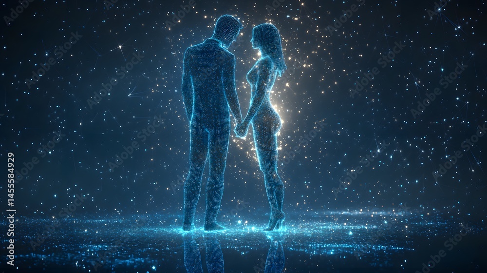 A luminous couple, formed of sparkling starlight, holds hands against a cosmic backdrop. A reflective surface mirrors the ethereal scene. Abstract Digital low-poly wireframe A luminous couple, formed of sparkling starlight, holds hands against a cosmic backdrop. A reflective surface mirrors the ethereal scene. Abstract Digital low-poly wireframe