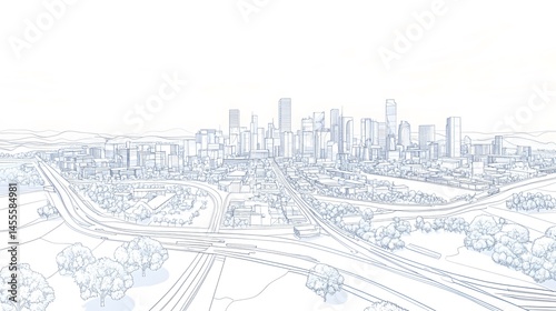 Perspective drawing showing urban buildings and surrounding environments in landscape