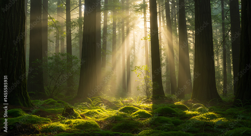 Fototapeta premium Magical forest bathed in golden sunlight mystical morning atmosphere serene nature scene
