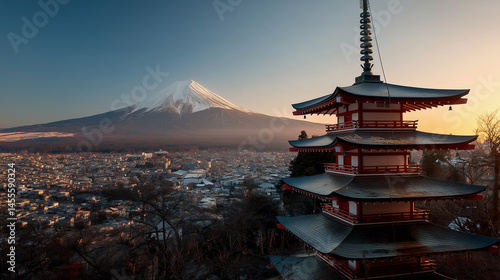 Japanese Pagoda with Mount Fuji at Sunset