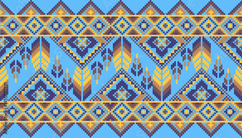 Pixel art ethnic, Pattern fabric pixel, design for background, clothing, decorative, drapery, cloth embroidery, geometric pixel art, handcraft, wallpaper, carpet, bag, card, cushions, Print, ethnic