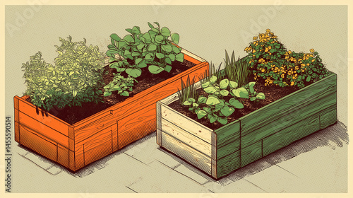 Watercolor Illustration of a Sunlit Garden with Potted Plants, raised bed garden