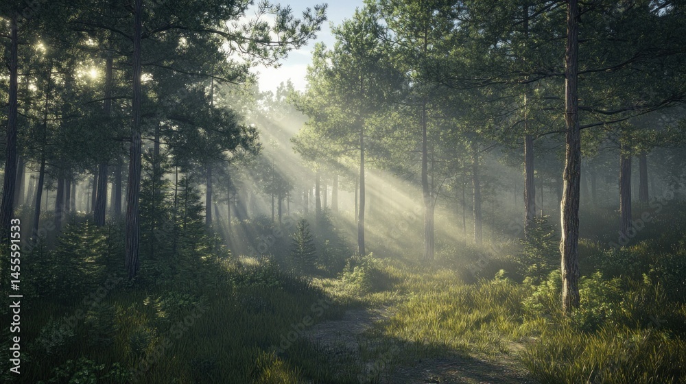 Fototapeta premium Dense pine forest with light rays filtering through morning mist, hyper-realistic tree textures