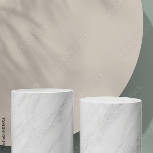 Two marble podiums in front of a soft beige background with shadow play for a modern, elegant look.