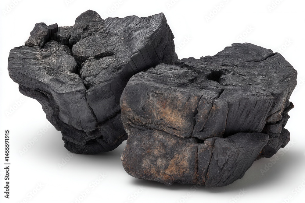 Obraz premium Close up of two pieces of charcoal on a white background showing the texture and grain of the wood