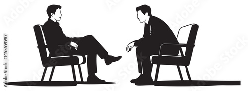 Vector illustration of two men in silhouette sitting on chairs, isolated on white background