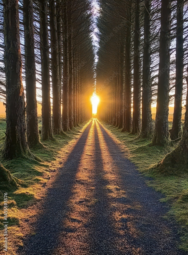 Fototapeta premium Sunlight streams through a path lined with tall trees Shadows stretch long on the ground