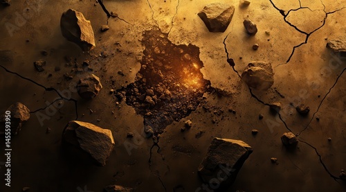 Cracked earth with a gaping hole, rocks scattered around  A fiery glow emanates from within