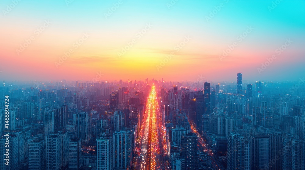 Fototapeta premium Vibrant Sunset over Urban Cityscape with Traffic Flowing Below