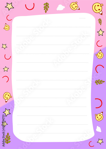 Cute Pastel Lined Paper Template with Stars Moons and Smileys Perfect for Notes or Journals