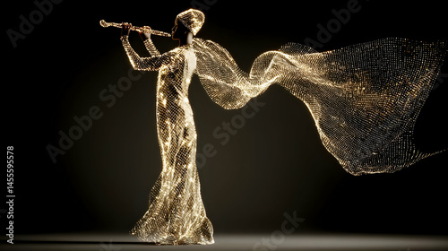 harpist playing music visible as glowing waves in the air