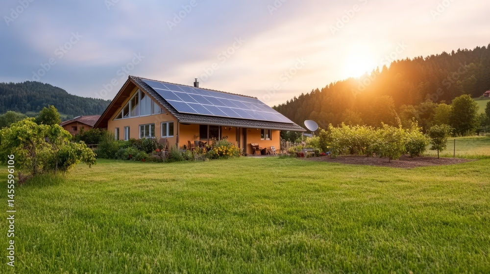 Obraz premium Modern Eco-Friendly House with Solar Panels in Serene Landscape