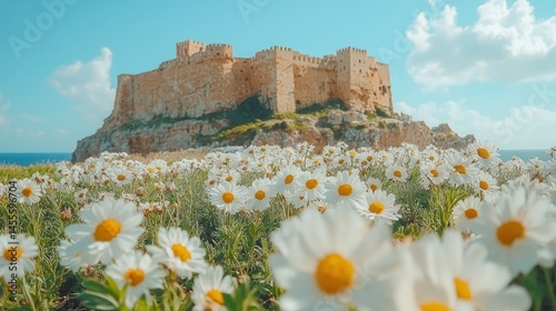 Ancient castle amidst a field of daisies