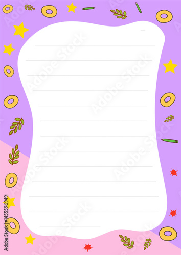 Cute Purple Pink Stationery Design with Stars Leaves and Donuts Perfect for Notes and Letters