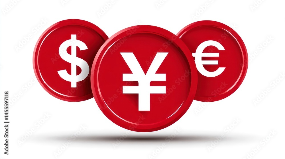 Obraz premium Currency Symbols in Red Circles Dollar Yen Euro for Finance and Economics