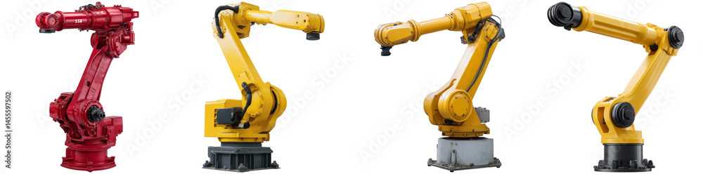 Four robotic arms display different colors and shapes, highlighting advancements in automation technology and versatility in manufacturing processes Four robotic arms display different colors and shapes, highlighting advancements in automation technology and versatility in manufacturing processes