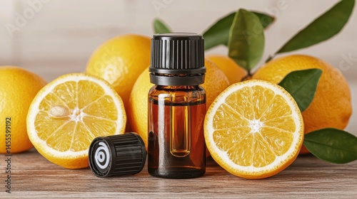 Fresh Lemon Essential Oil Bottled Next to Bright Yellow Lemons