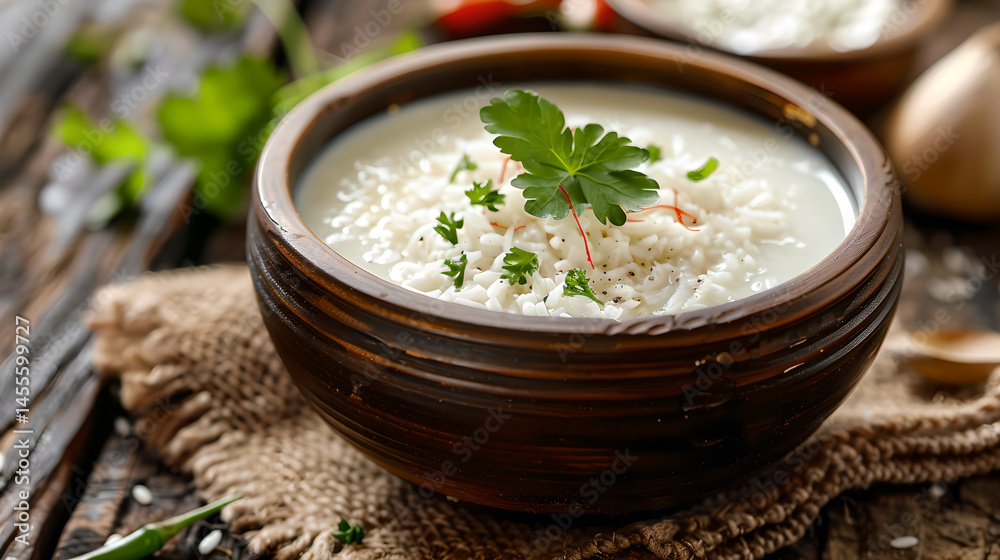 Rustic Wooden Bowl of Creamy Rice Pudding with Fresh Herbs