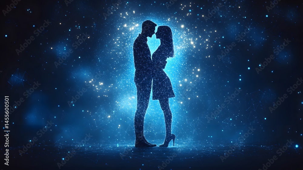 Fototapeta premium A digital embrace in the night sky. Interconnected figures suggest a romantic connection. Ethereal and modern, perfect for themes of love and technology. Abstract Digital low-poly wireframe connected