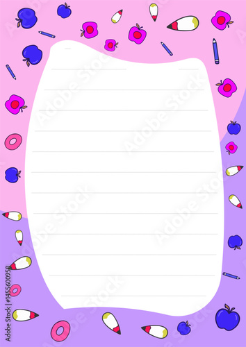 Purple doodle page with colorful shapes and playful icons