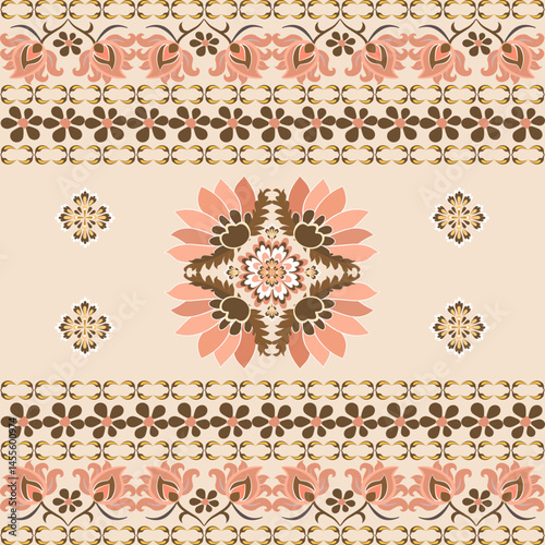 Damask seamless pattern with decorative flowers. Vector illustration in beige, orange, and brown colors. Ideas for elaborate borders, rugs, carpets, and textiles.