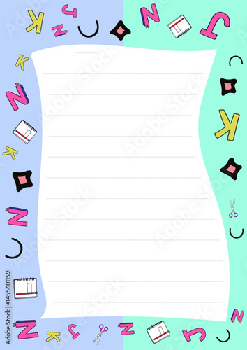 Light blue copybook with cheerful doodle patterns in vibrant colors
