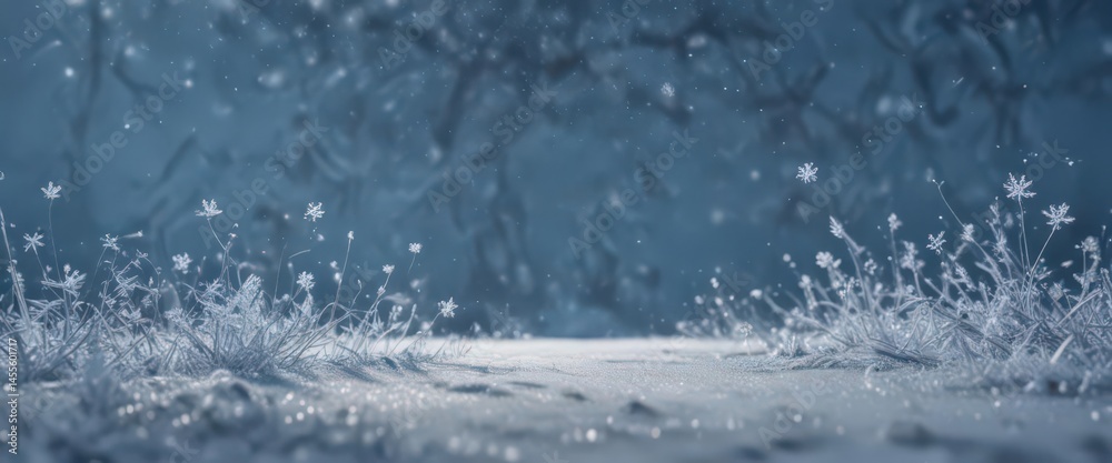Delicate snowflakes falling over a frosty blue scene ,  winter wonderland,  frost