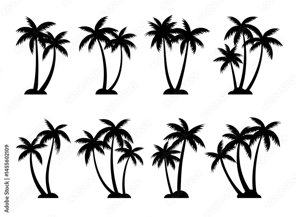 Fototapeta premium Palm trees silhouettes summer set. Palm trees isolated on white background.