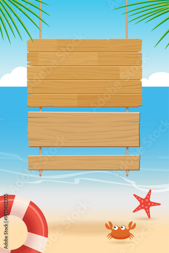summer wooden sign on tropical beach background